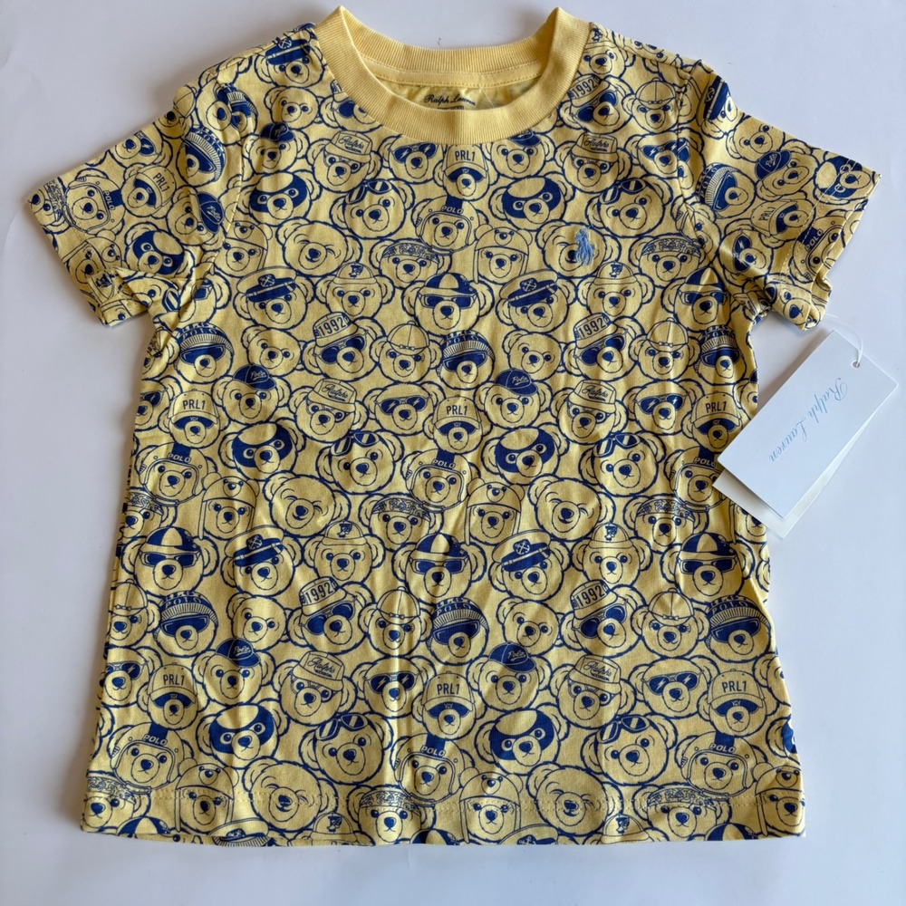 Ralph Lauren Polo Bear T-Shirt Yellow‎ Blue Graphic Tee Toddler 24M Allover NWT